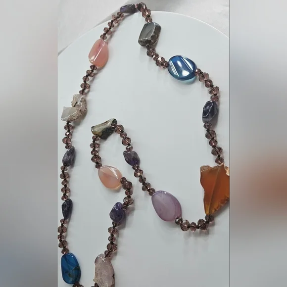 🌟Boho Artisan Multi Geode/Natural Stone  Necklace With Beaded Crystals🌟 - Picture 7 of 8